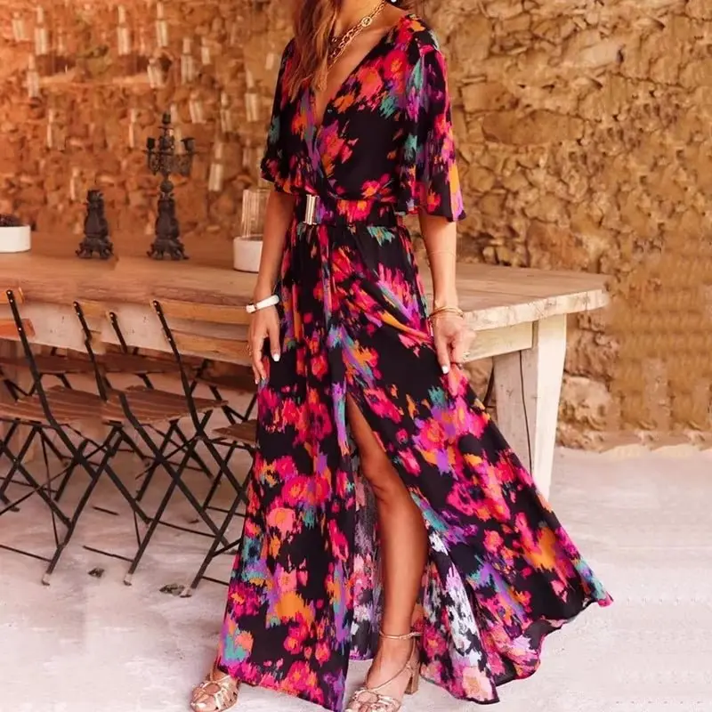 Elisabeth | Maxi Wickelkleid V-Ausschnitt Boho Sommer Langarm