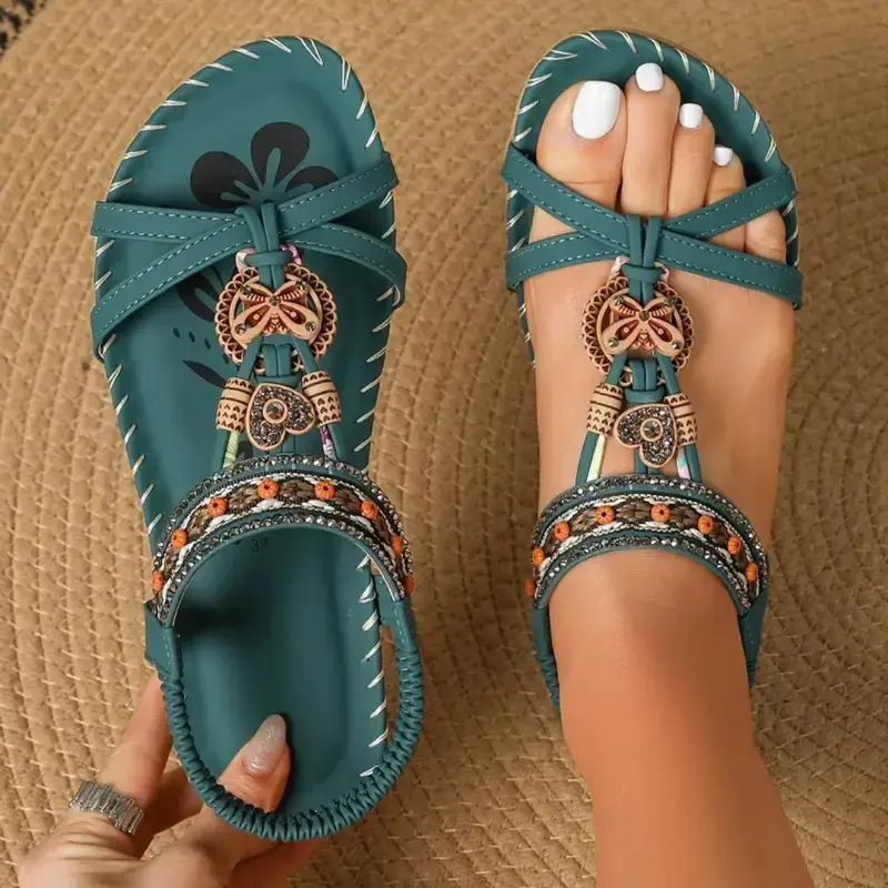 Emilia | Damen Flache Boho T-Strap Sandalen Perlen Elastischer Fersenriemen