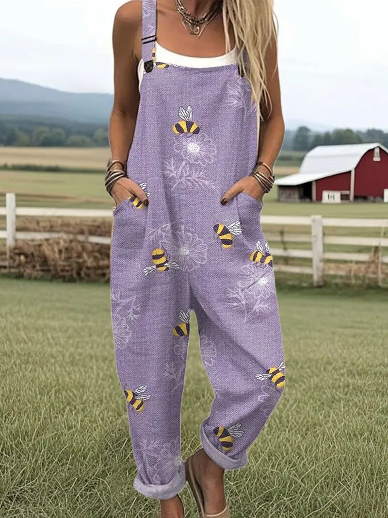 Emilia | Damen Jumpsuit Latzhosenoptik Bienen-Blumen-Print