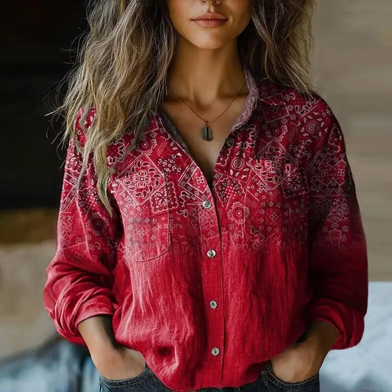 Emilia | Damen Langarm Boho Bluse mit Paisley Vintage Muster
