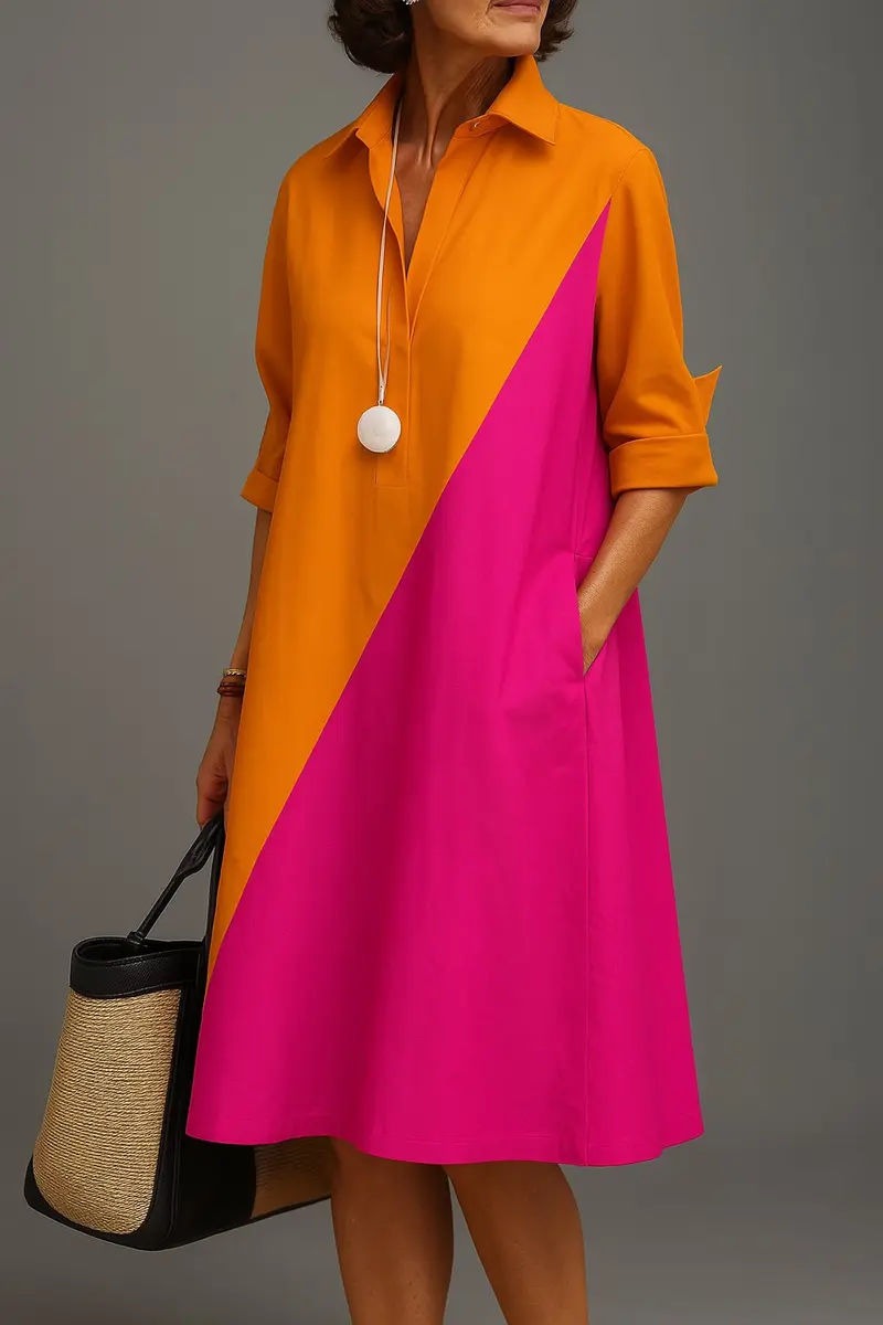 Emilia | Midi Kleid Colorblock Diagonal V-Ausschnitt Baumwolle