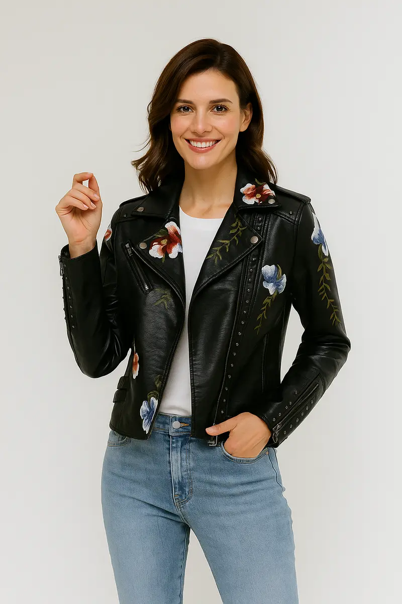 Floral Jas uit Vegan Leer – Feminine Accenten Met Rocker Flair