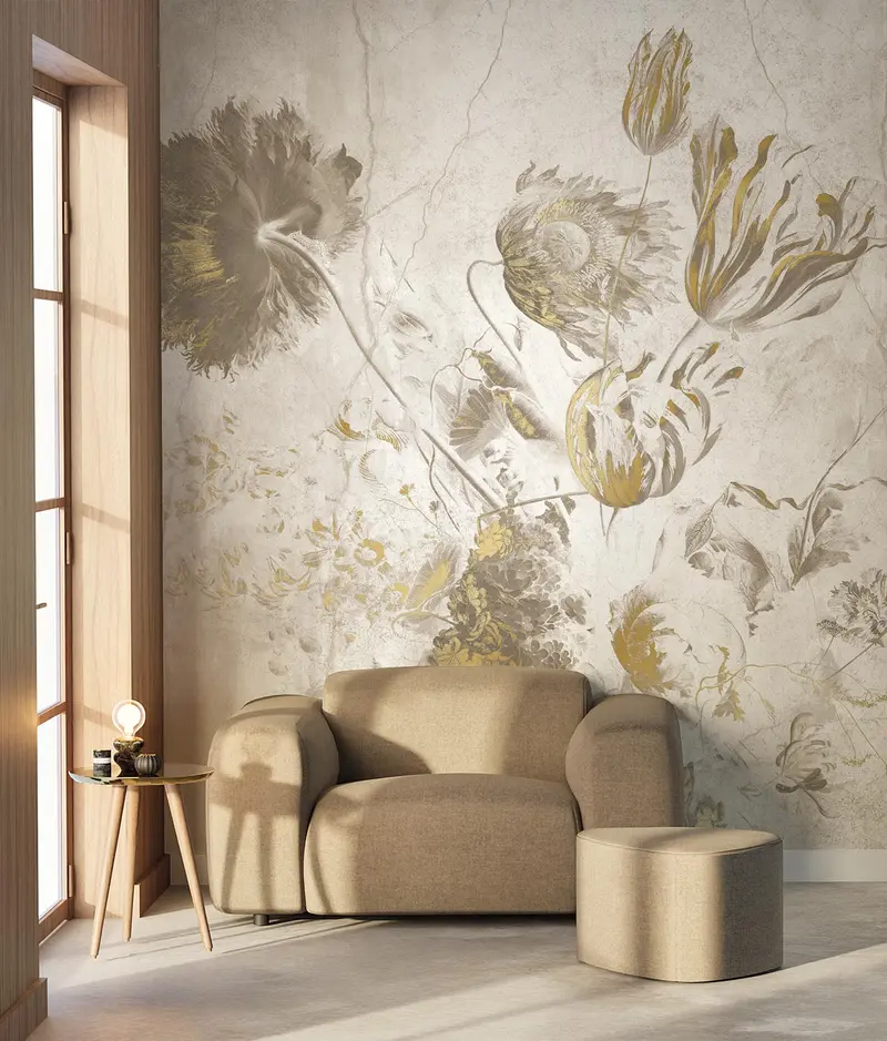 Fresco Flowers | Bloemen behang Frans Uyterlinde | High Gloss Gold/Wit F-060