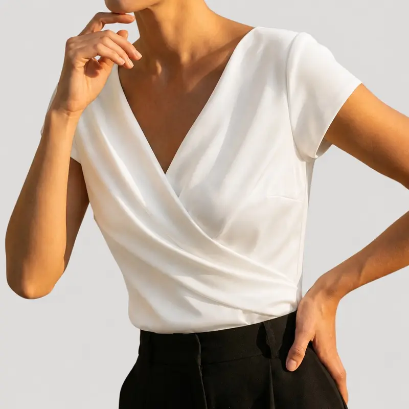 Frieda | Damen Kurzarm Drapiertes Wickel-Oberteil V-Ausschnitt Bluse