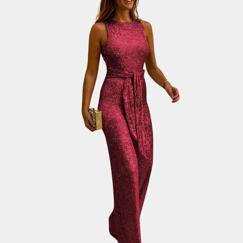 Galajumpsuit – stof met glans, strakke taille en rechte pijp