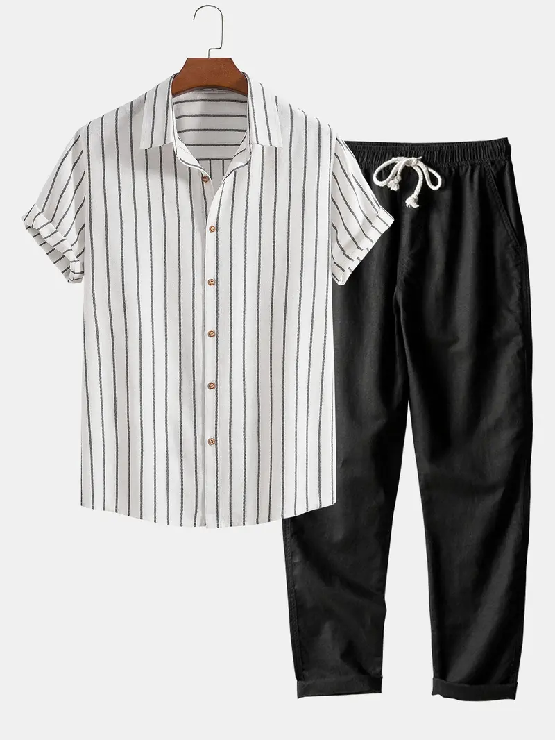 Gestreept Overhemd met Korte Mouwen en Broek met Trekkoord - Tweedelige Zomerset