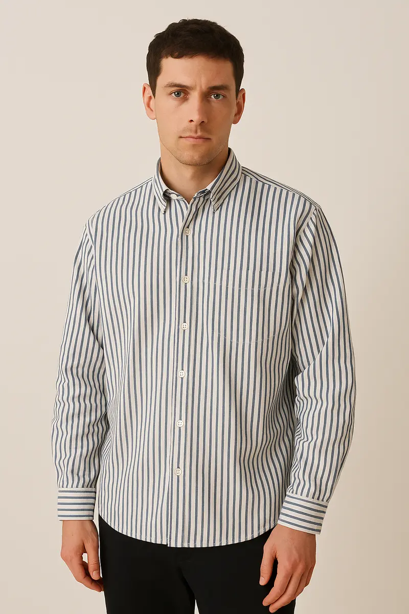 Gestreept Overhemd met Lange Mouwen – Klassiek Heren Overhemd met Button-Down Kraag en Borstzak