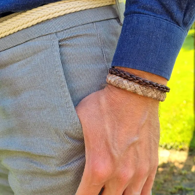 Gevlochten Leren Armband Heren Beacon Cove - Beige Bruin