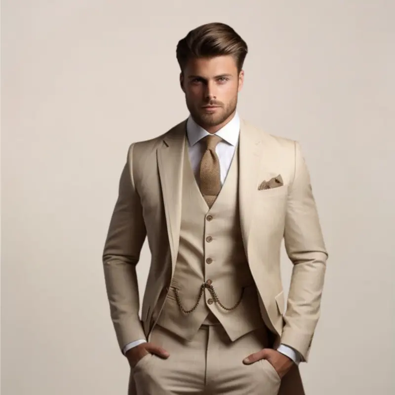 Gilet-kostuum voor heren – klassieke snit met ketting en contrastknopen