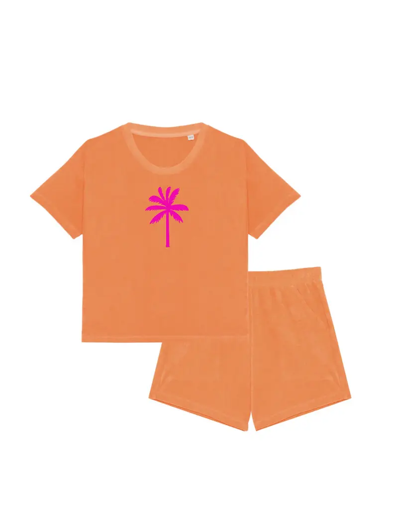 Girl Badstof Set Palm Tree Neon Pink Velvet | NOTE