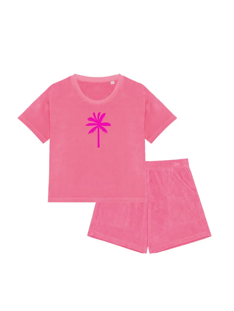 Girl Badstof Set Palm Tree Neon Pink Velvet  | NOTE
