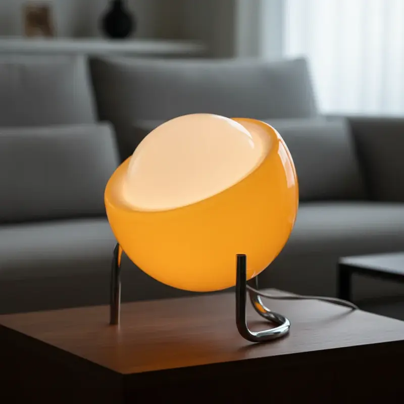 Glazen bollamp – retro tafellamp op een slanke metalen voet met zacht LED-licht