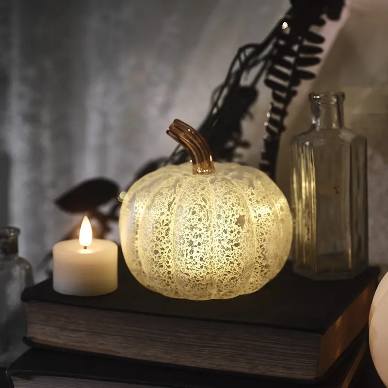 Glazen sfeerlamp pompoen – warmwit LED met timer van zes uur