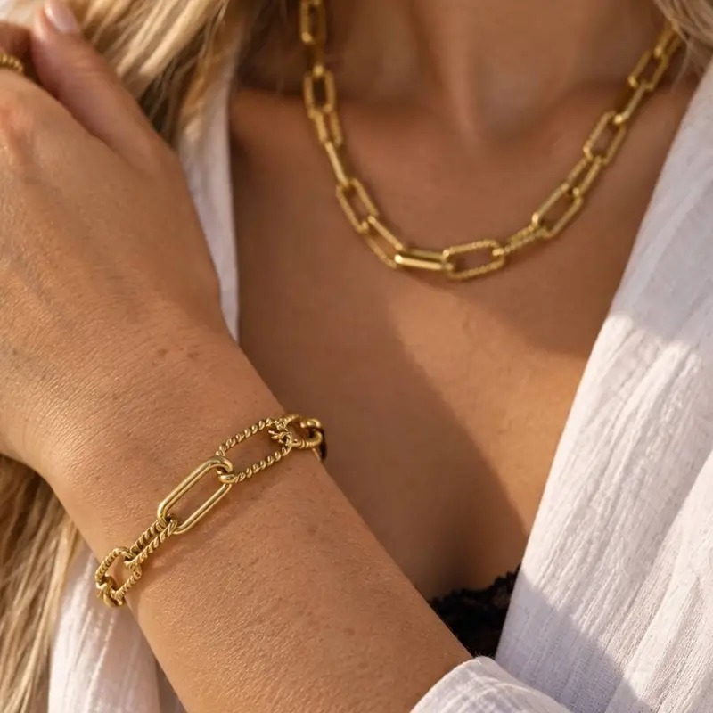 Goudkleurige stalen armband en ketting set Chloe