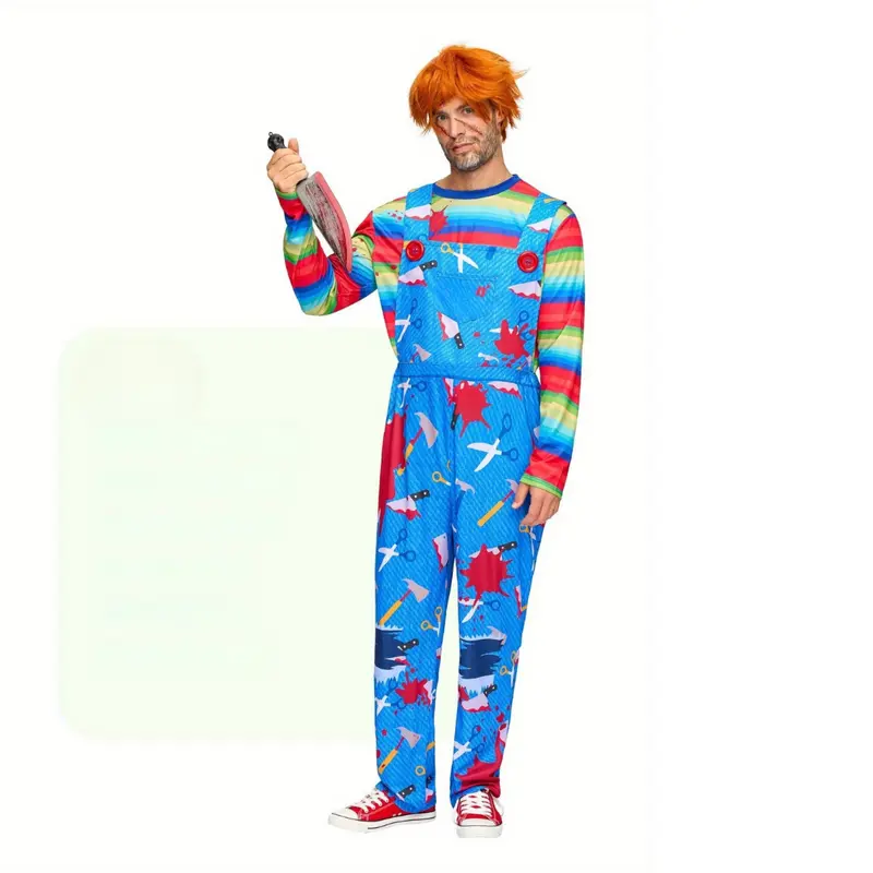 Griezelpak heren – overall met spetterprint plus pruik en nepmes