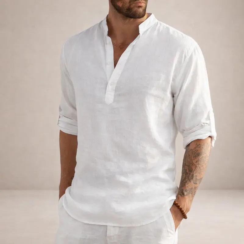 Heren casual overhemd – linnen look met opstaande kraag en knoopdetail
