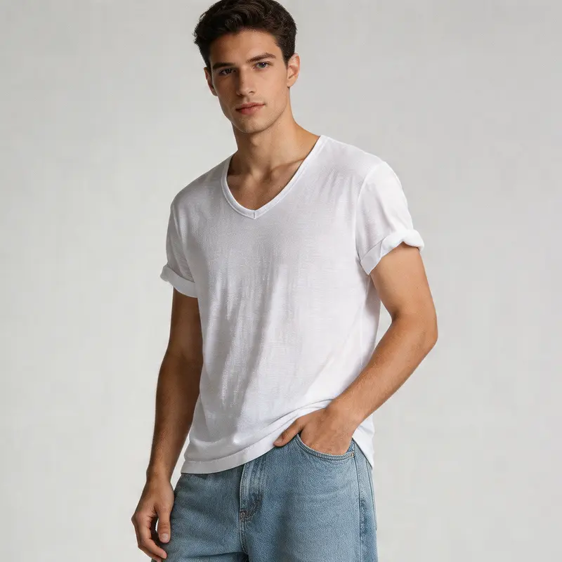 Heren V-Hals Shirt – Linnen Katoen T-Shirt met Ademende Slim Fit Pasvorm