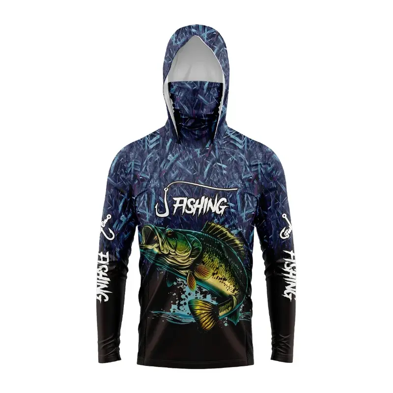 Heren visshirt met capuchon – UPF 50 outdoor shirt met lange mouwen en visprint
