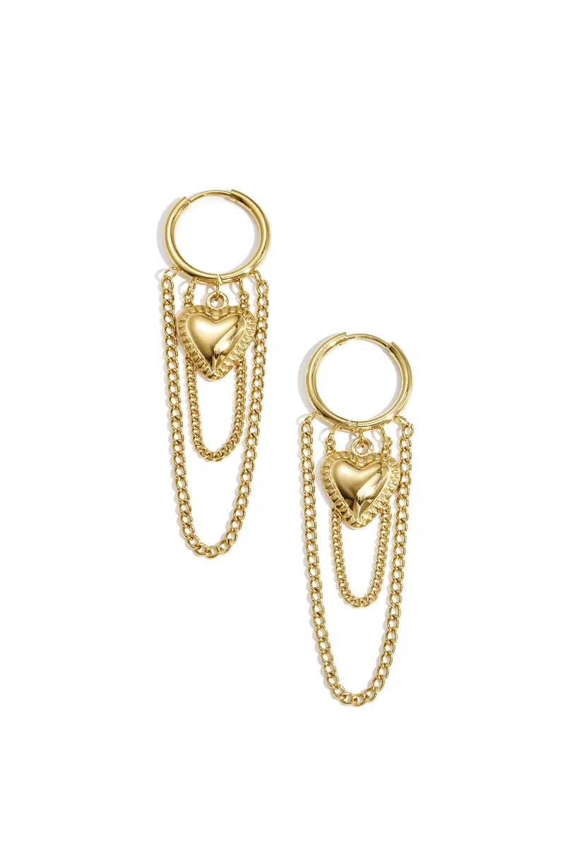 Hoop earrings with hanging chains and heart