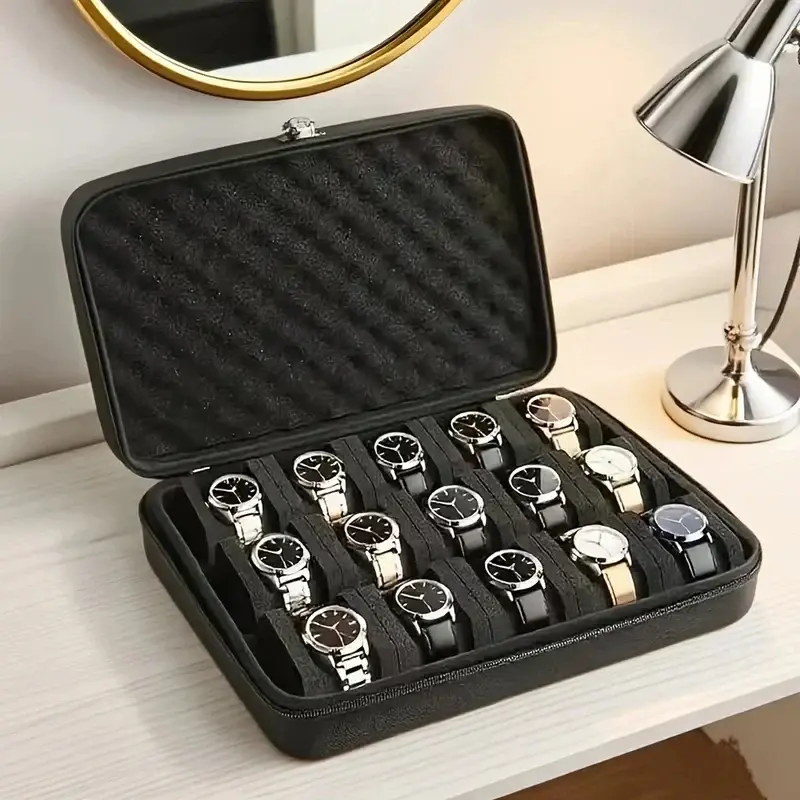 Horlogedoos – Grote Opbergbox voor 15 Horloges met Gevoerde Vakken en Handvat