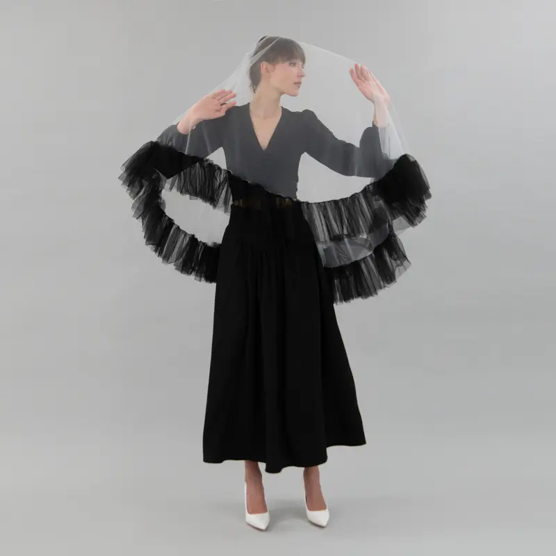 Ivory and Black Ruffle Veil