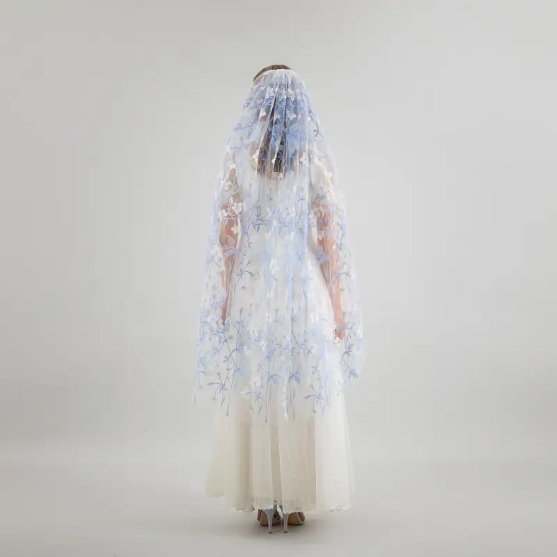 Ivory Blue Wildflower Lace Veil