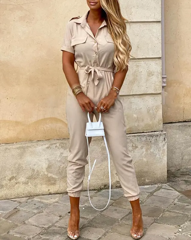 Jumpsuit met Riem en Korte Mouwen