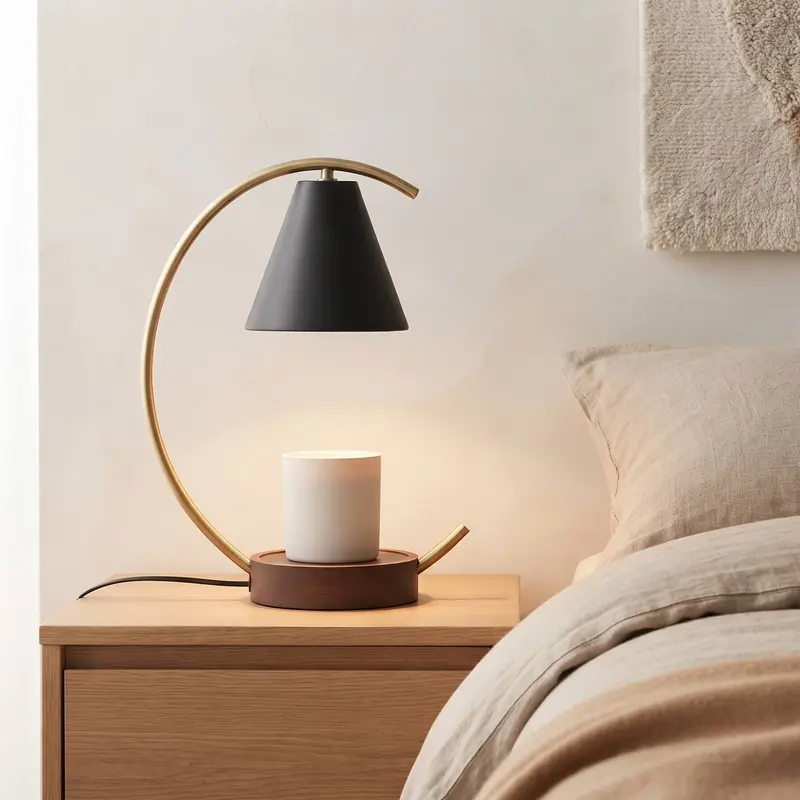Kaarsenwarmerlamp – gebogen arm met matte kegelkap, dimmer en timer