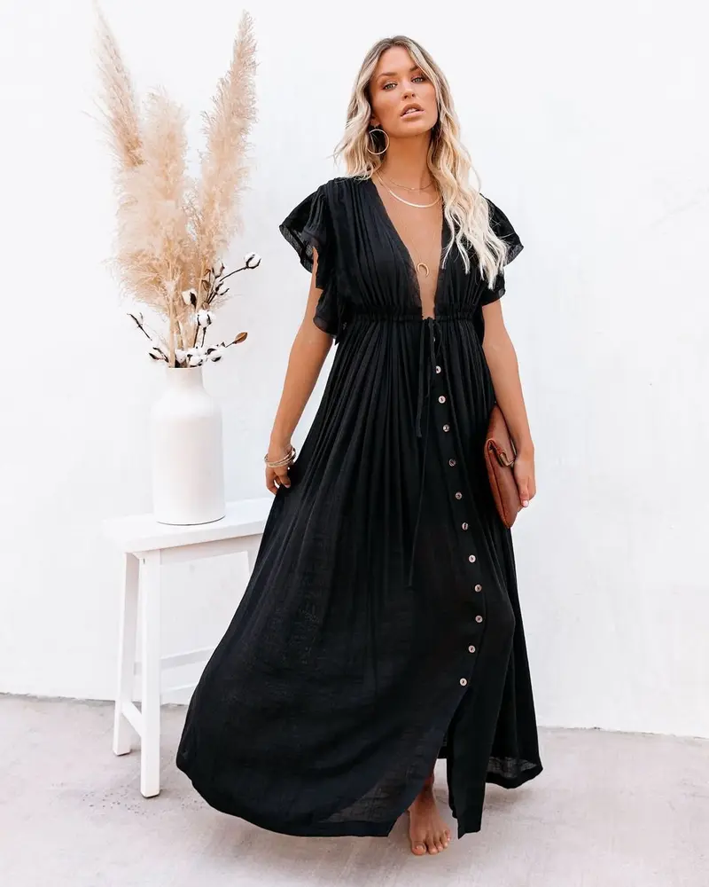 Katharina | Damen V-Ausschnitt Knopfleisten Maxi-Kleid mit Kurzarm
