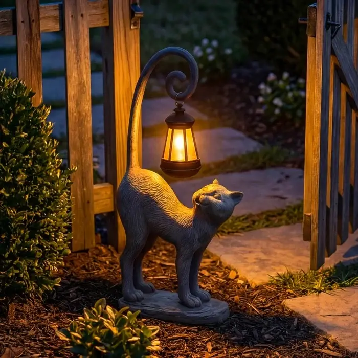 Kattenbeeld met solar lantaarn – tuinfiguur die 's avonds zacht licht geeft