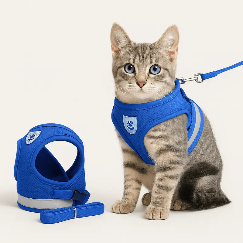 Kattenharnas met looplijn – ademend gaas en reflecterende bies