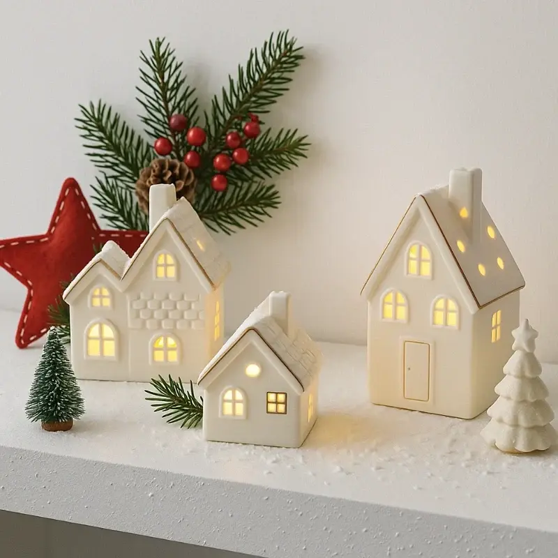 Keramisch winterdorp – verlichte huisjes, kerstbomen en sneeuwpoppen