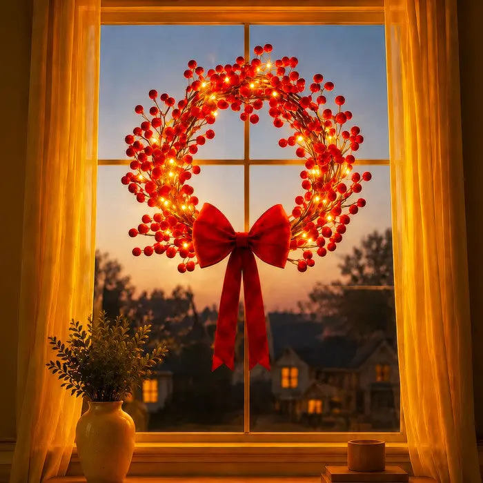 Kerstkrans met lichtjes – rode hulstbesjes en warm licht voor deur of wand