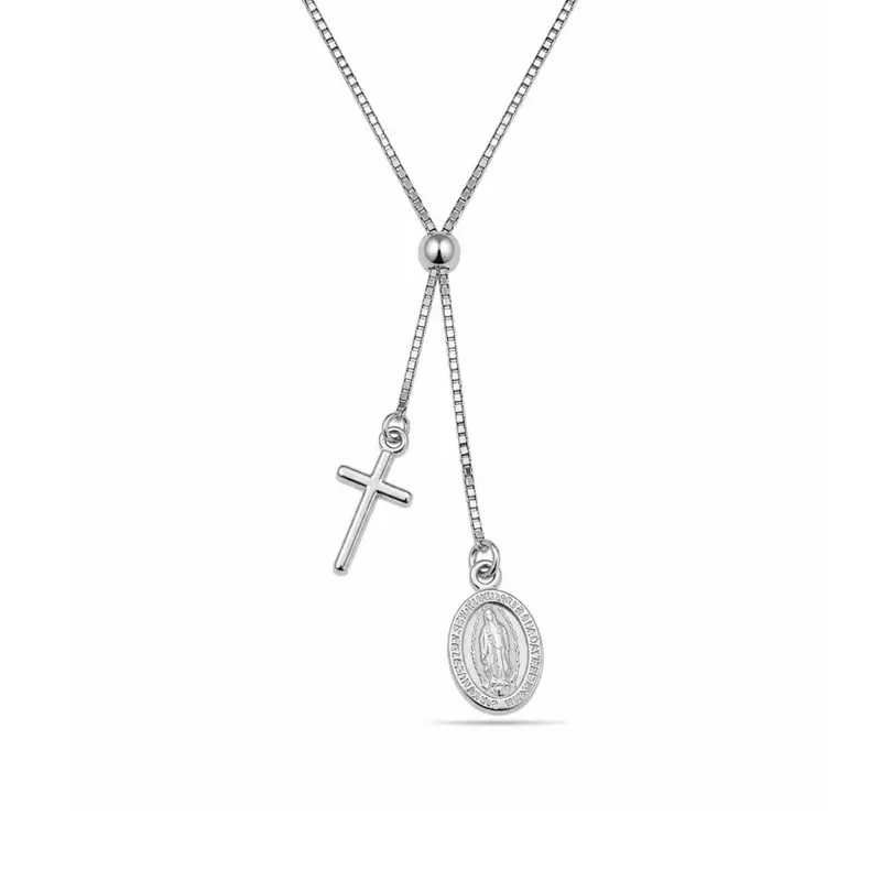 Ketting met kruis en Maria bedel van 925 zilver