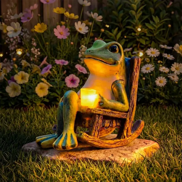 Kikkerbeeld voor de tuin – figuur met verlichte beker voor border en terras