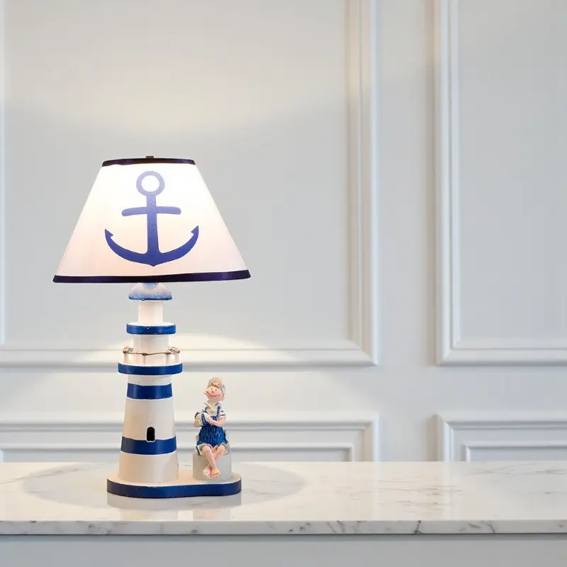 Kinder - Tischlampe Leuchtturm mit Anker-Schirm