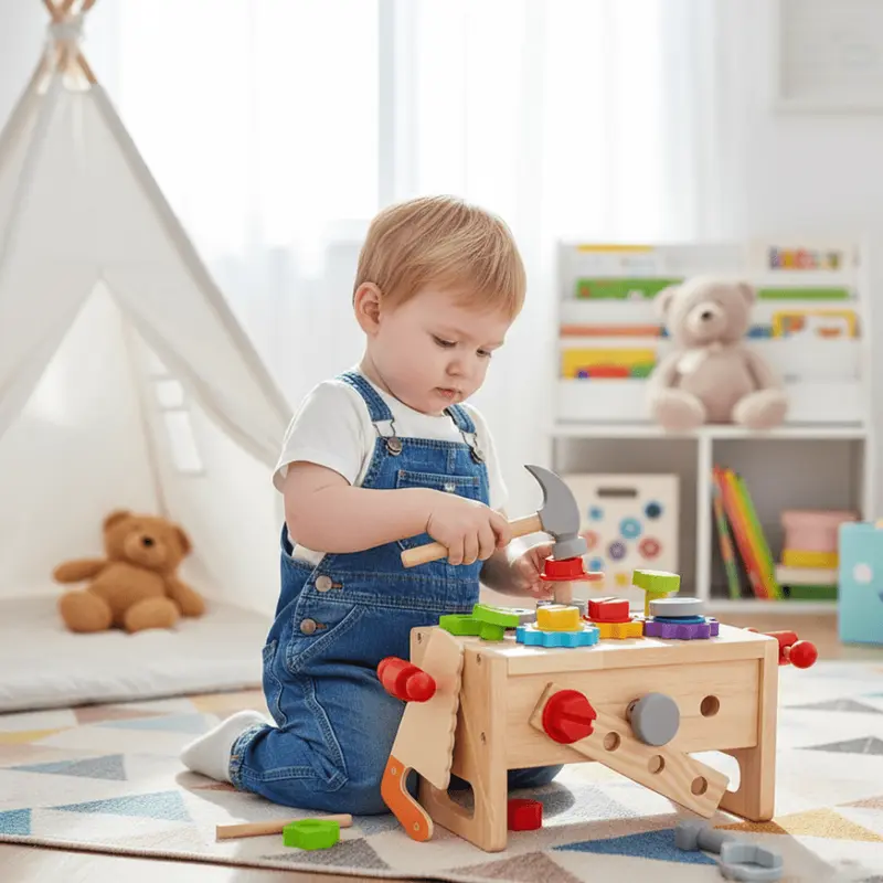Kindergereedschapsset – 29 houten delen in een koffer met werkblad