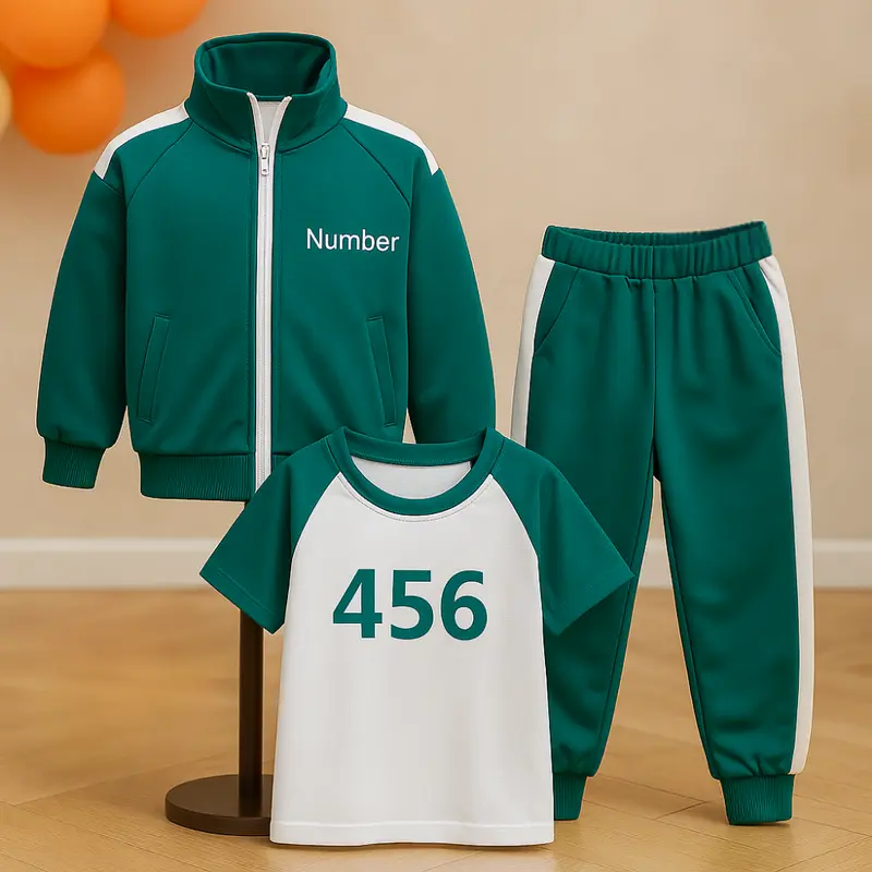 Kindertenue van vier delen – jas, broek en twee shirts in sportstijl