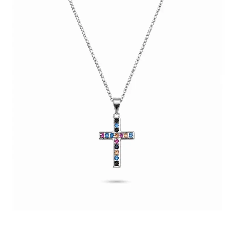 Kruis ketting met gekleurde steentjes van 925 zilver