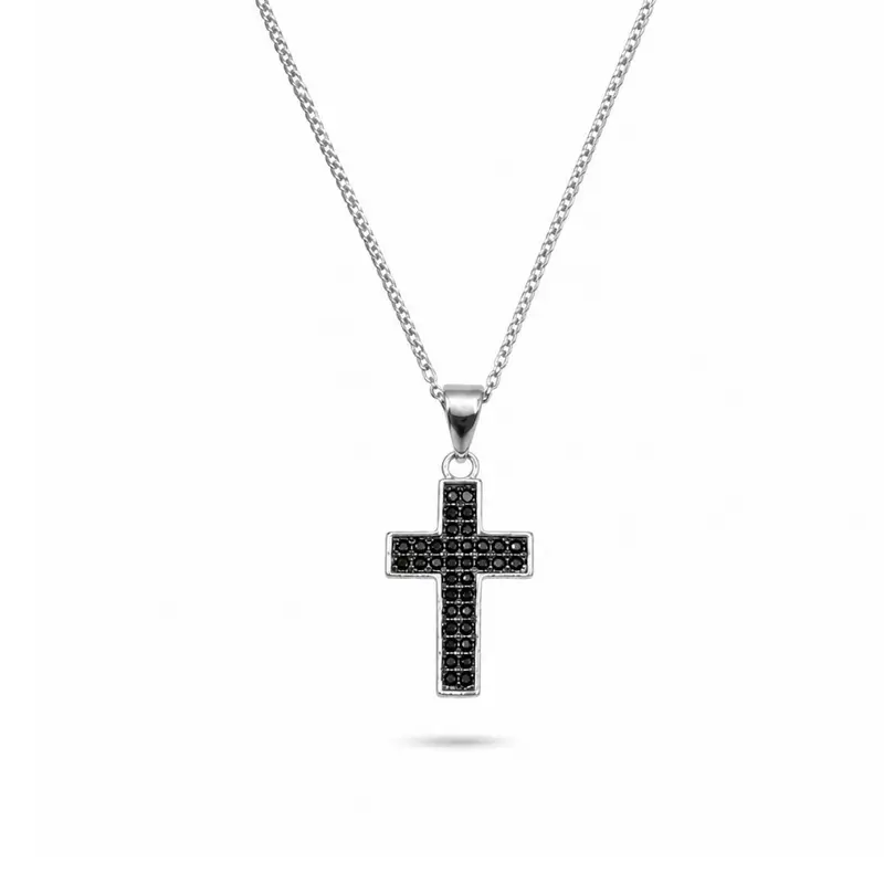 Kruis ketting met zwarte steentjes van 925 zilver
