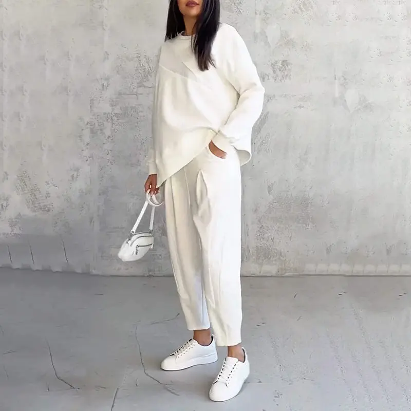 Langärmliges Sweatshirt-Set mit unregelmäßigem Saum und Hose für Damen