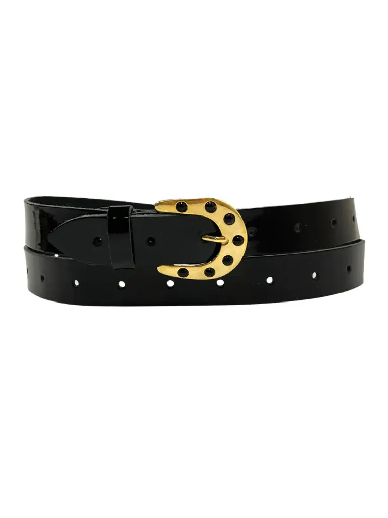 Leather Laque belt Black Stones