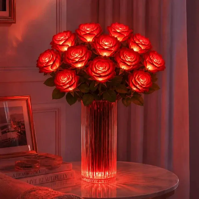 Led rozen in boeket – kunstbloemen met oplichtende blaadjes in drie kleuren