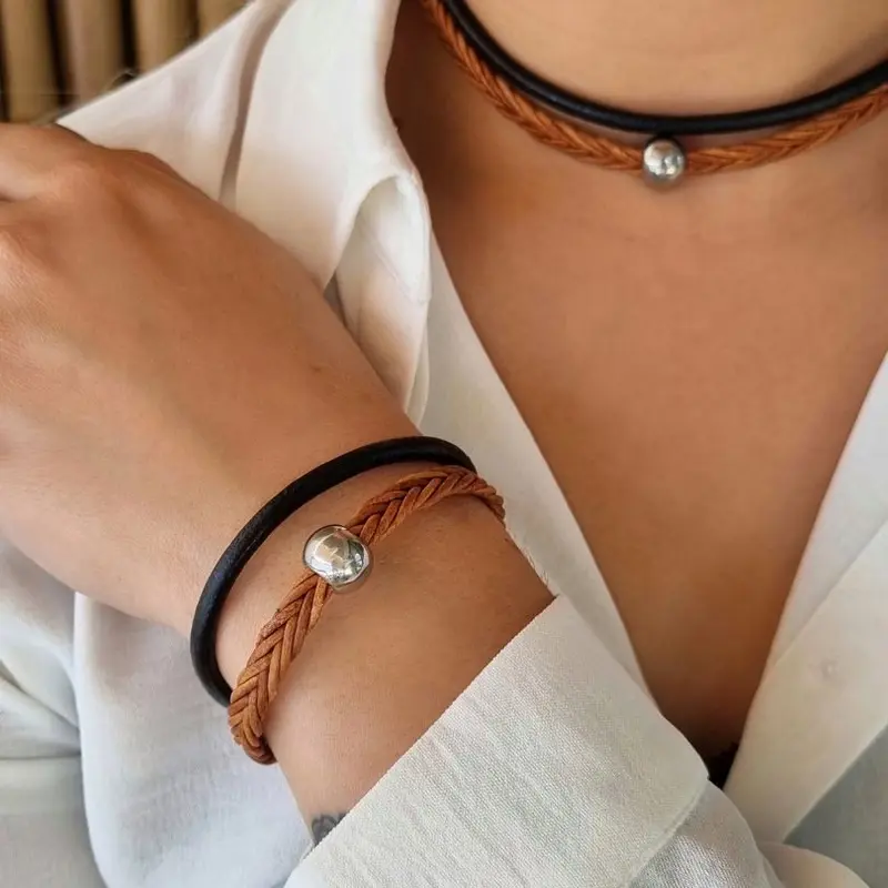 Leren Armband Dames Boho Chique - Dubbel Koord- Zwart Bruin - Staal