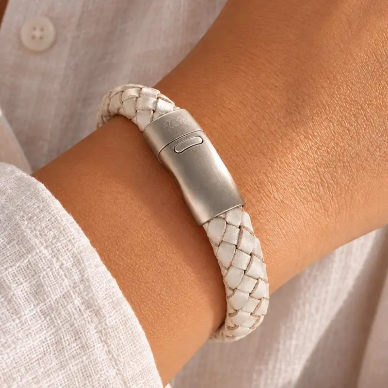 Leren Armband Dames Creme Champagne | Gevlochten
