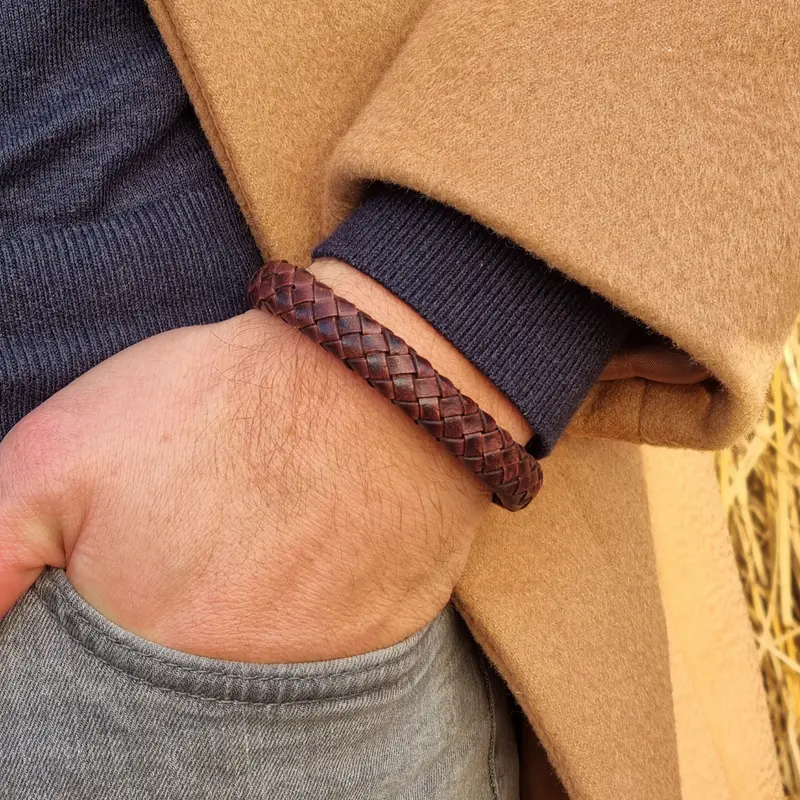 Leren Armband Heren Benedict - Bruin Mahonie- Gevlochten