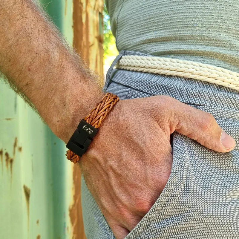 Leren Armband Heren Cinnamon Buff - Kaneel Bruin - Gevlochten - Staal