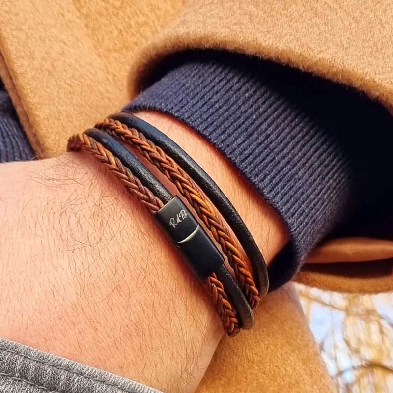Leren Armband Heren Rusty Duo- Bruin Zwart - Gevlochten - Twee Koorden - Wikkelarmband