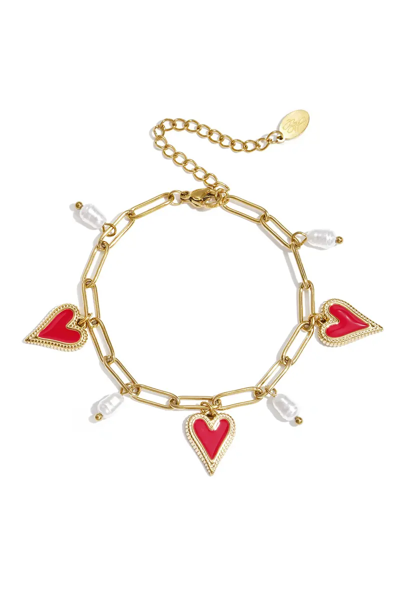 Link bracelet with pearls and heart charms