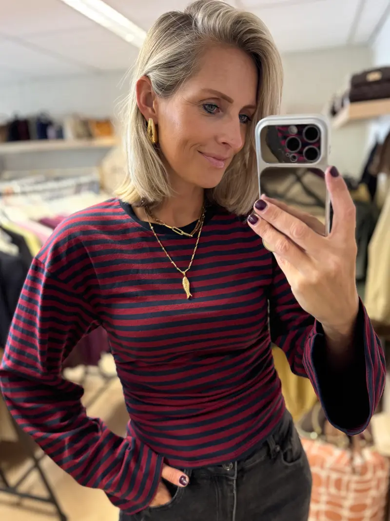 Longsleeve Bestie Streep Gesmokt Navy Bordeaux